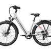 White Mokwheel electric step-through bicycle with a rear cargo rack.