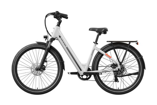 White Mokwheel electric step-through bicycle with a rear cargo rack.