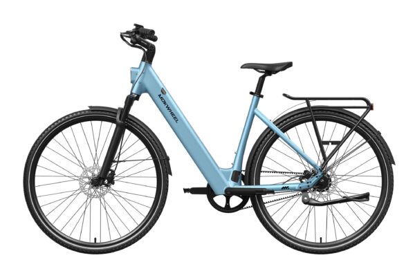 Light blue Mokwheel electric commuter bike with a step-through frame, fenders, and a rear rack.