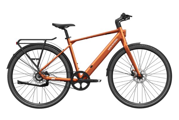 Orange Mokwheel electric commuter bike with a rear rack, fenders, and belt drive.
