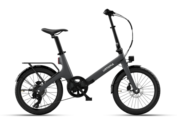 Black Urtopia folding e-bike with a rear rack and small wheels.
