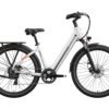 White Mokwheel step-through electric bike with a rear rack and fenders.