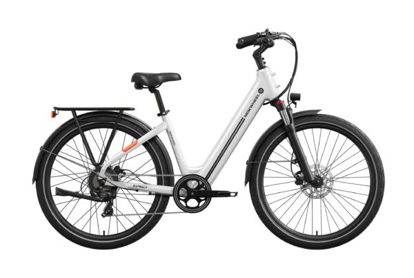 White Mokwheel step-through electric bike with a rear rack and fenders.