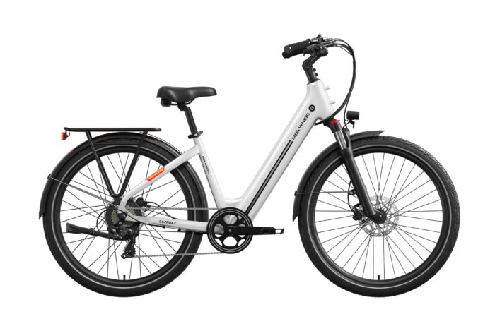 White Mokwheel step-through electric bike with a rear rack and fenders.