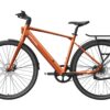 Copper-colored Mokwheel electric commuter bicycle with a rear rack, fenders, and a belt drive.