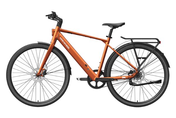 Copper-colored Mokwheel electric commuter bicycle with a rear rack, fenders, and a belt drive.