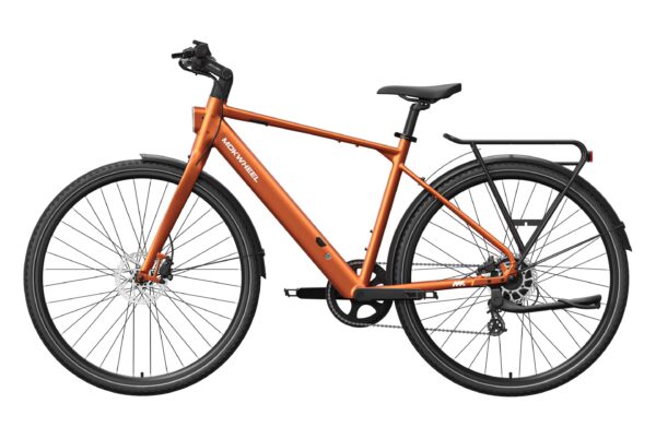 Orange Mokwheel electric commuter bike with a rear rack, fenders, and disc brakes.