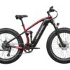 Mokwheel Obsidian electric mountain bike in black and red with thick, knobby tires and full suspension.