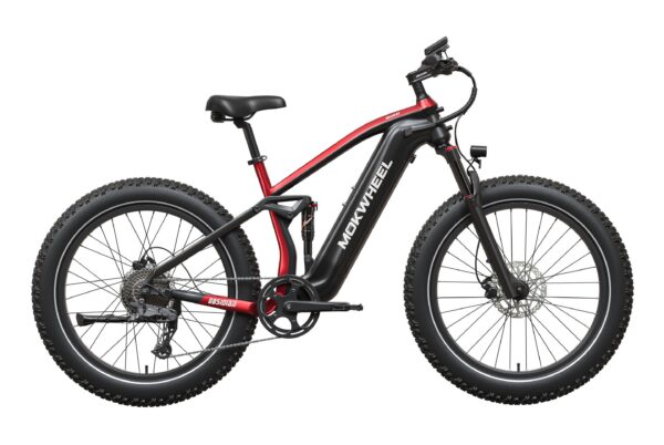 Mokwheel Obsidian electric mountain bike in black and red with thick, knobby tires and full suspension.
