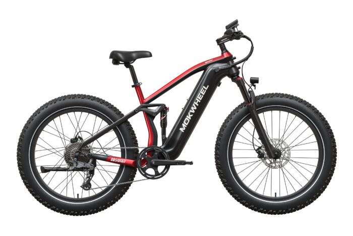 Mokwheel Obsidian electric mountain bike in black and red with thick, knobby tires and full suspension.