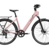 A light pink Mokwheel electric step-through bicycle with a rear rack and fenders.