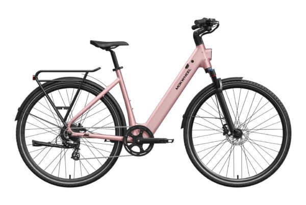 A light pink Mokwheel electric step-through bicycle with a rear rack and fenders.