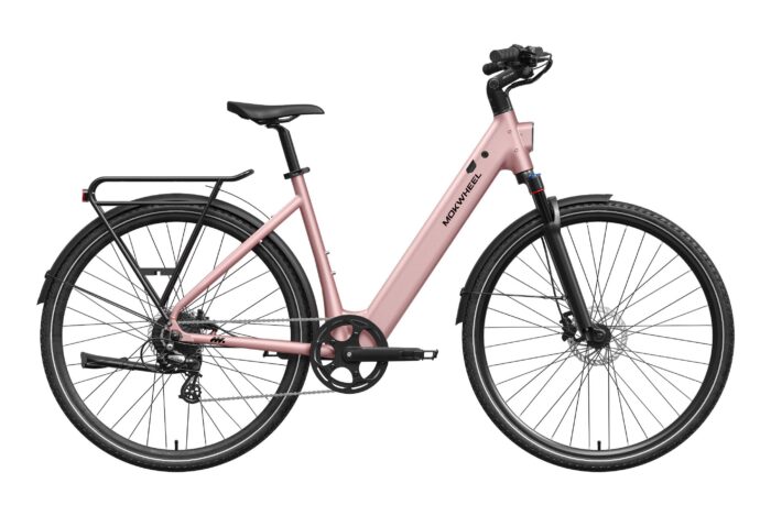 A light pink Mokwheel electric step-through bicycle with a rear rack and fenders.