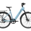 Light blue step-through electric bicycle with a rear rack, fenders, and disc brakes.