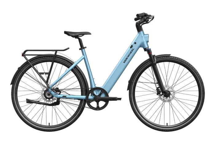 Light blue step-through electric bicycle with a rear rack, fenders, and disc brakes.