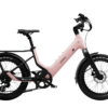 Light pink Urtopia step-through electric bike with thick tires and a rear cargo rack.