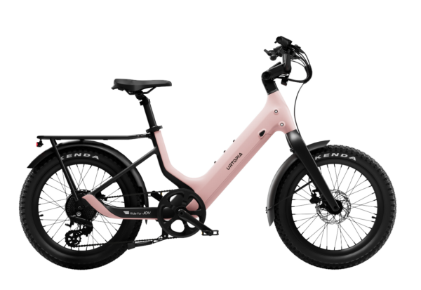 Light pink Urtopia step-through electric bike with thick tires and a rear cargo rack.