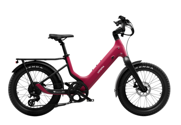 Magenta Urtopia step-through electric bike with a rear rack and thick tires.