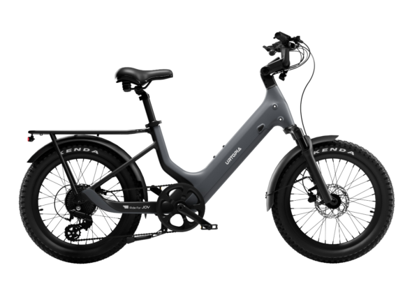 Urtopia electric bike with a step-through frame, rear rack, and thick tires.