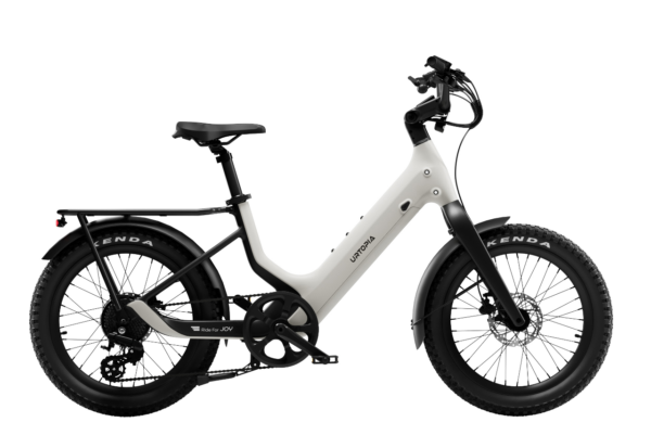 White Urtopia step-through electric bike with a rear rack and thick tires.