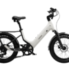 White Urtopia electric step-through bike with a rear rack and thick, knobby tires.