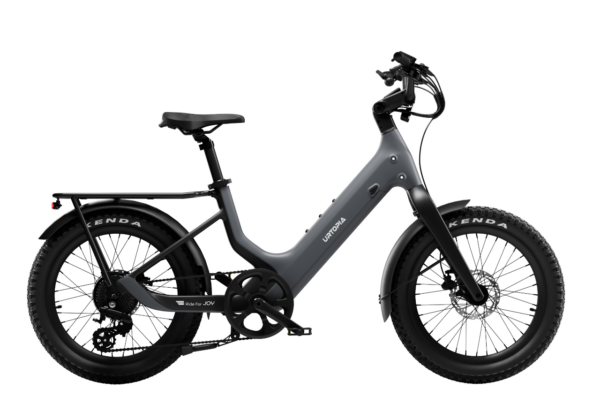 Gray Urtopia step-through electric bike with fat tires, rear rack, and fenders.