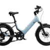 Light blue Urtopia e-bike with a step-through frame, rear cargo rack, and knobby tires.