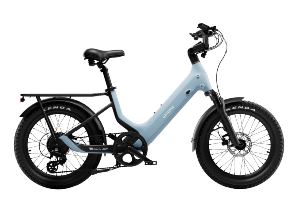 Light blue Urtopia e-bike with a step-through frame, rear cargo rack, and knobby tires.