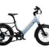 Light blue Urtopia step-through electric bike with thick black tires, a rear rack, and a black seat.