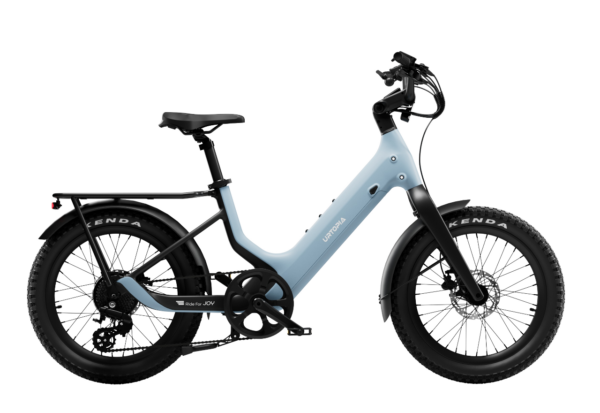 Light blue Urtopia step-through electric bike with thick black tires, a rear rack, and a black seat.