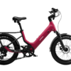 Magenta Urtopia step-through electric bike with a rear rack and knobby tires.