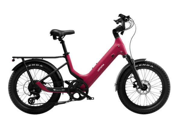 Magenta Urtopia step-through electric bike with a rear rack and knobby tires.