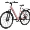 Dusty rose step-through electric bicycle with a rear rack and Mokwheel branding on the frame.