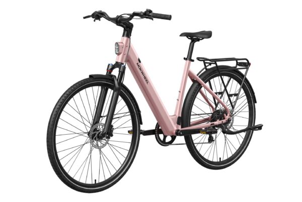 Dusty rose step-through electric bicycle with a rear rack and Mokwheel branding on the frame.
