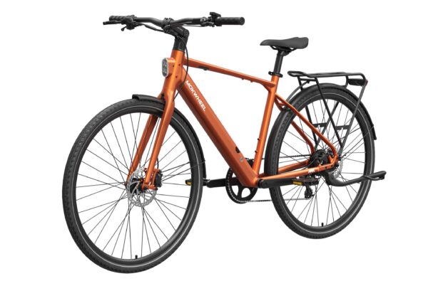 Orange Mokwheel electric commuter bike with a rear cargo rack and integrated front light.