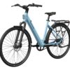 Light blue Mokwheel step-through electric commuter bike with a rear rack, fenders, and disc brakes.