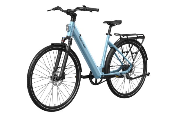Light blue Mokwheel step-through electric commuter bike with a rear rack, fenders, and disc brakes.
