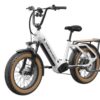 White Mokwheel electric bike with fat tires and a rear wooden cargo rack.