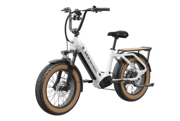White Mokwheel electric bike with fat tires and a rear wooden cargo rack.