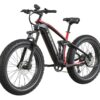 Mokwheel full-suspension electric mountain bike with fat tires, a black and red frame, and a handlebar-mounted display.