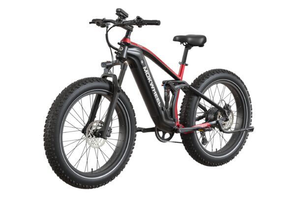 Mokwheel full-suspension electric mountain bike with fat tires, a black and red frame, and a handlebar-mounted display.