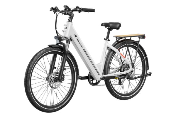 White Mokwheel Asphalt ST step-through electric bicycle with a rear cargo rack and fenders.