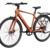 Orange Mokwheel electric bicycle with a rear cargo rack and a step-over frame.