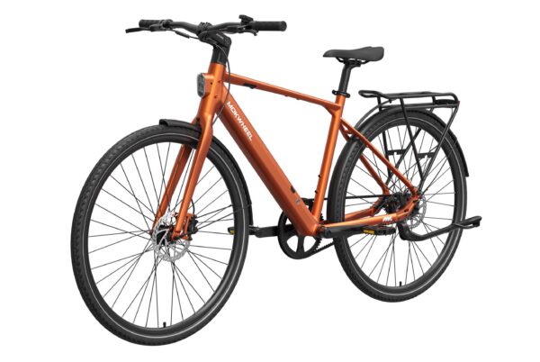 Orange Mokwheel electric bicycle with a rear cargo rack and a step-over frame.