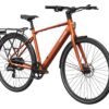 Orange Mokwheel electric commuter bike with a rear rack, fenders, and disc brakes.