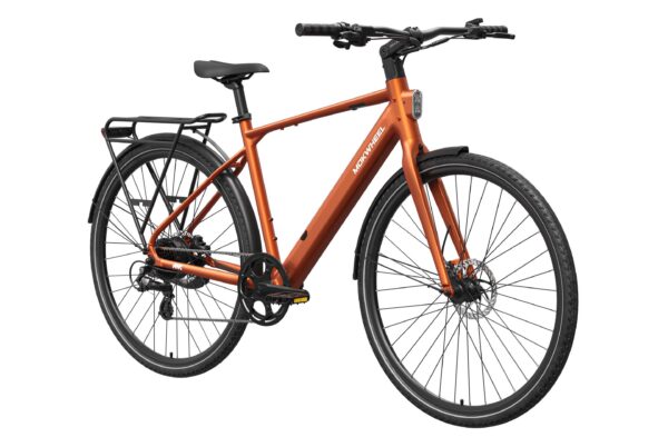 Orange Mokwheel electric commuter bike with a rear rack, fenders, and disc brakes.