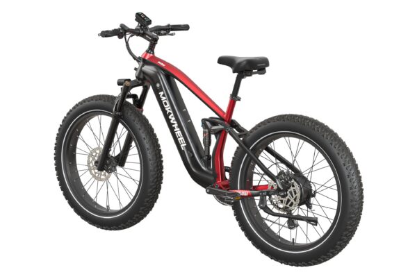 Red and black Mokwheel fat-tire electric mountain bike.