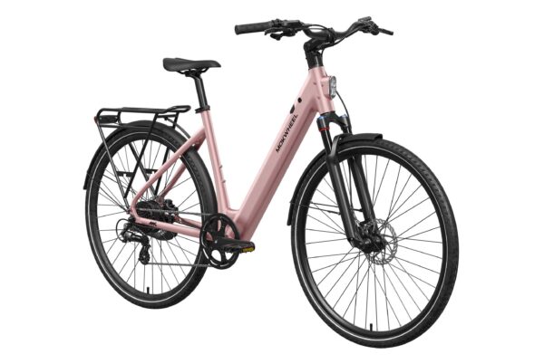 Dusty pink Mokwheel electric city bike with a rear cargo rack, fenders, and front suspension.