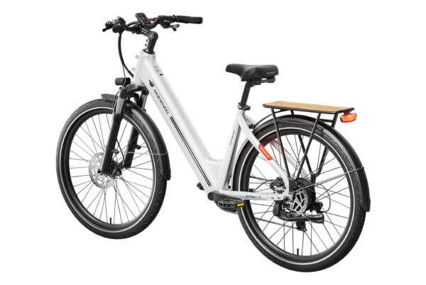 White Mokwheel Asphalt ST step-through electric bike with a rear cargo rack.