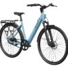 Light blue step-through electric commuter bike with a rear cargo rack, fenders, and disc brakes.